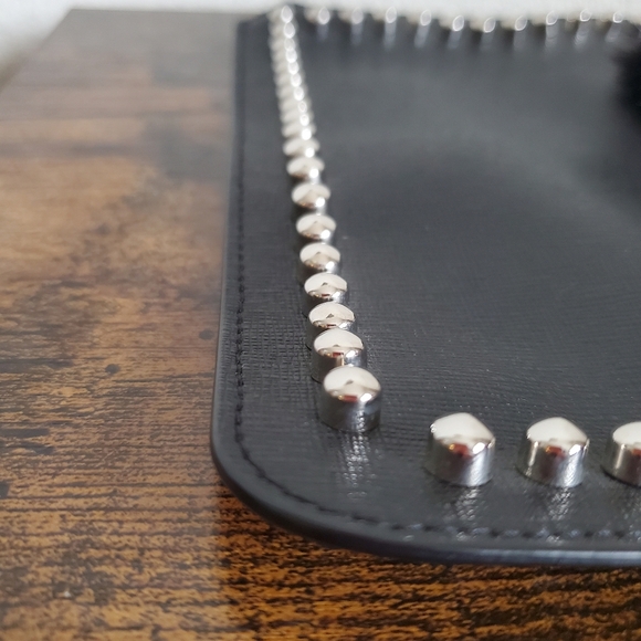 Fendi Black Leather Mink-Trimmed Silver Studded Karlito Pouch - Picture 6 of 12